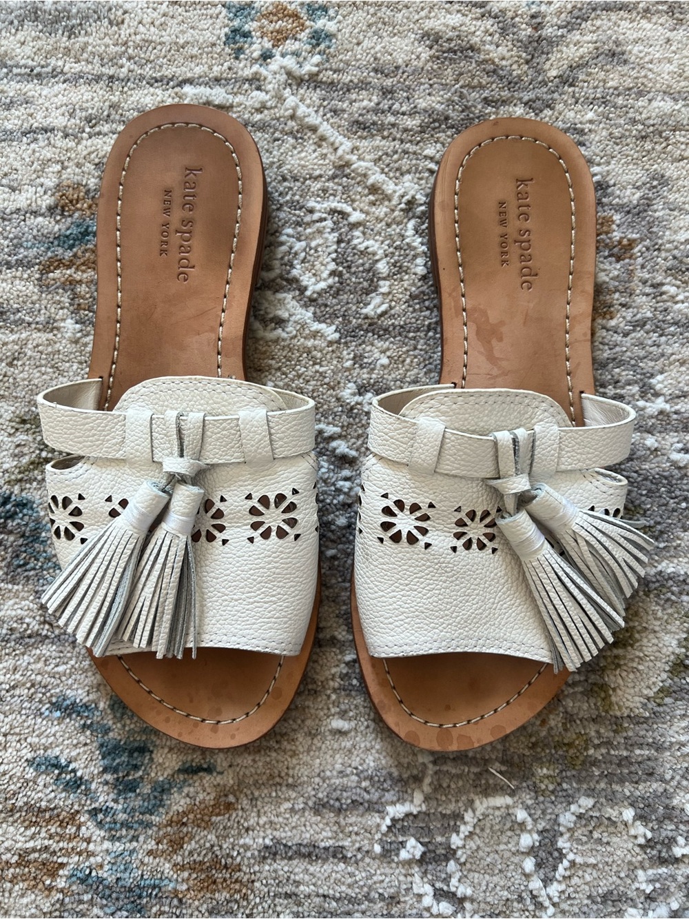 kate spade White Leather Tassel Slide Sandals
